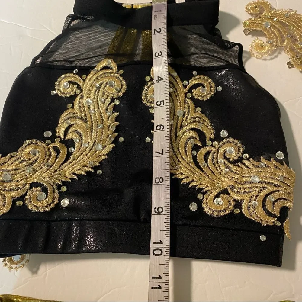 Custom glamorous mature solo dance costume 2 piece leather fringe black MC LC